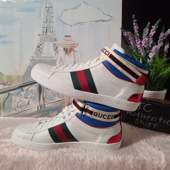 GUCCI Stripe Ace High Top miro soft leather Mens shoes white/multicolor size 10 - Picture 9 of 15
